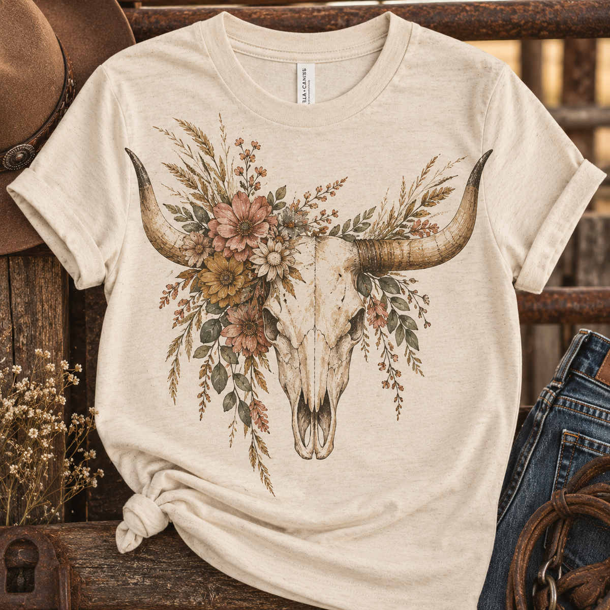 Floral Longhorn Short Sleeve Adult Tee